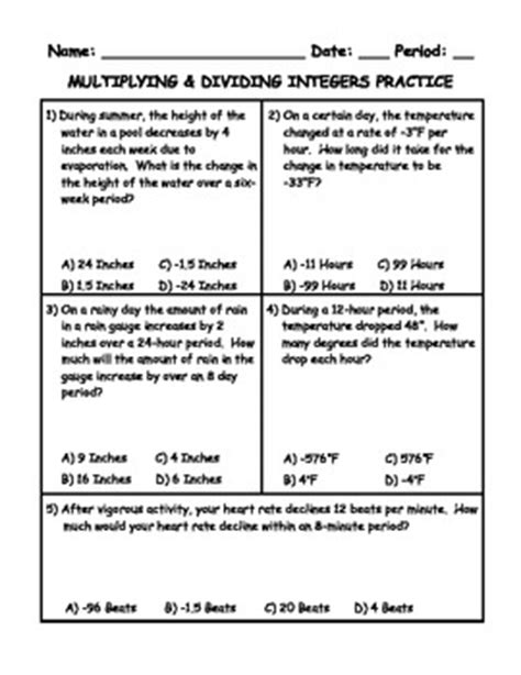 multiply and divide integers word problems worksheet